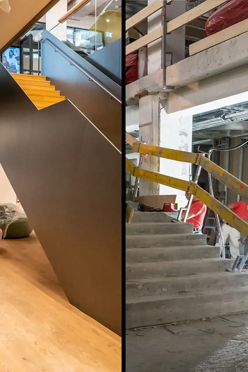 Baudokumentation einer Treppe vorher und nachher – Fotograf für Bauträger in Wien